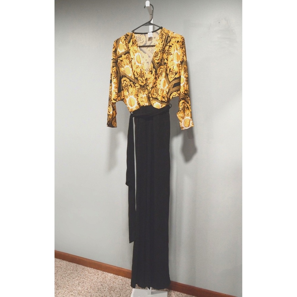 Janette Size M Jumpsuit Surplice Geometric Bodice Black Wide Legs Elastic Waist